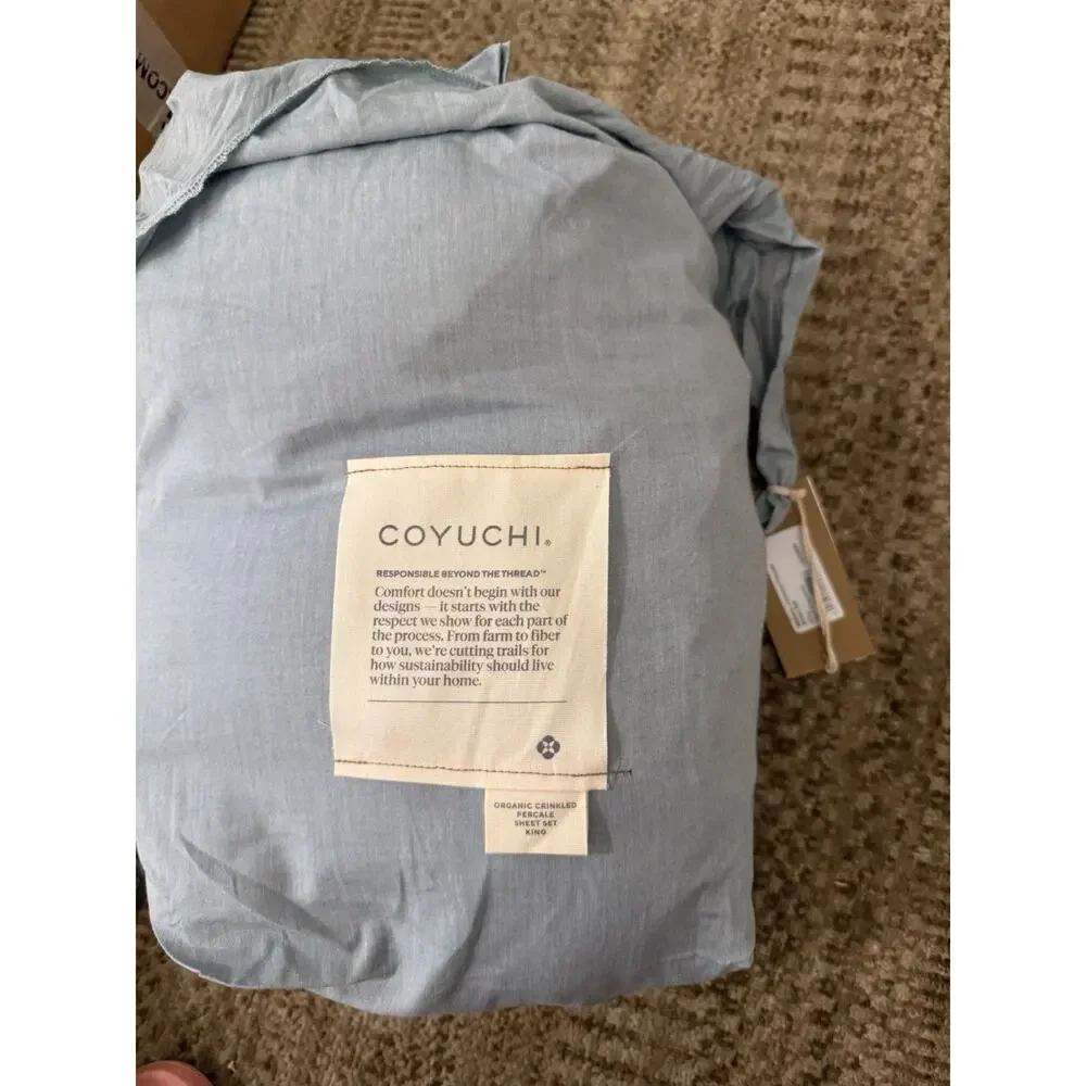 Coyuchi Organic Crinkled Percale Sheet Set 4 Piece King Surf Chambray Blue NWT